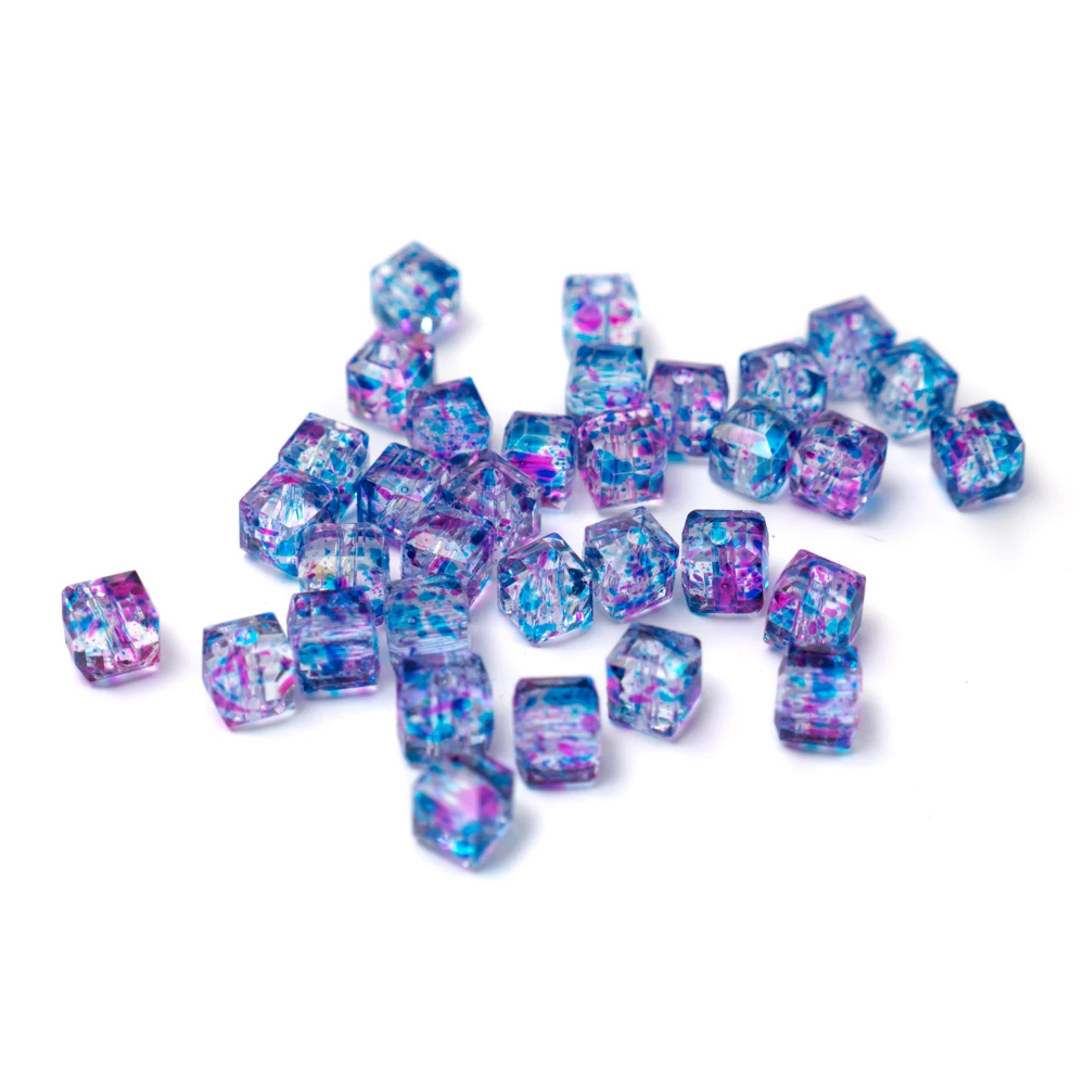 Kék, lila kocka üvegy gyöngy, 6x6x6 mm