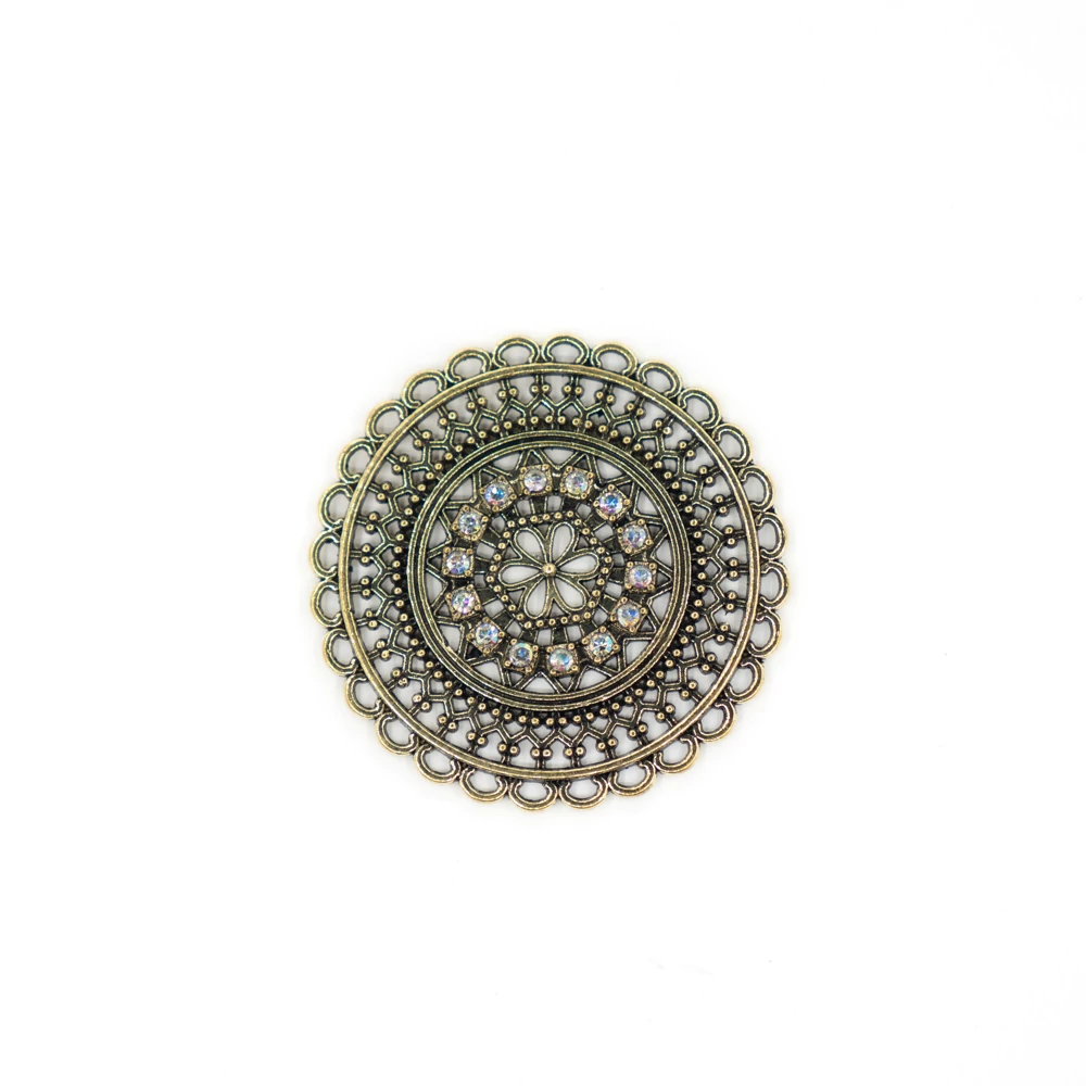 Kerek, strasszköves összekötő, medálalap, medál, antik arany színű, 34 mm