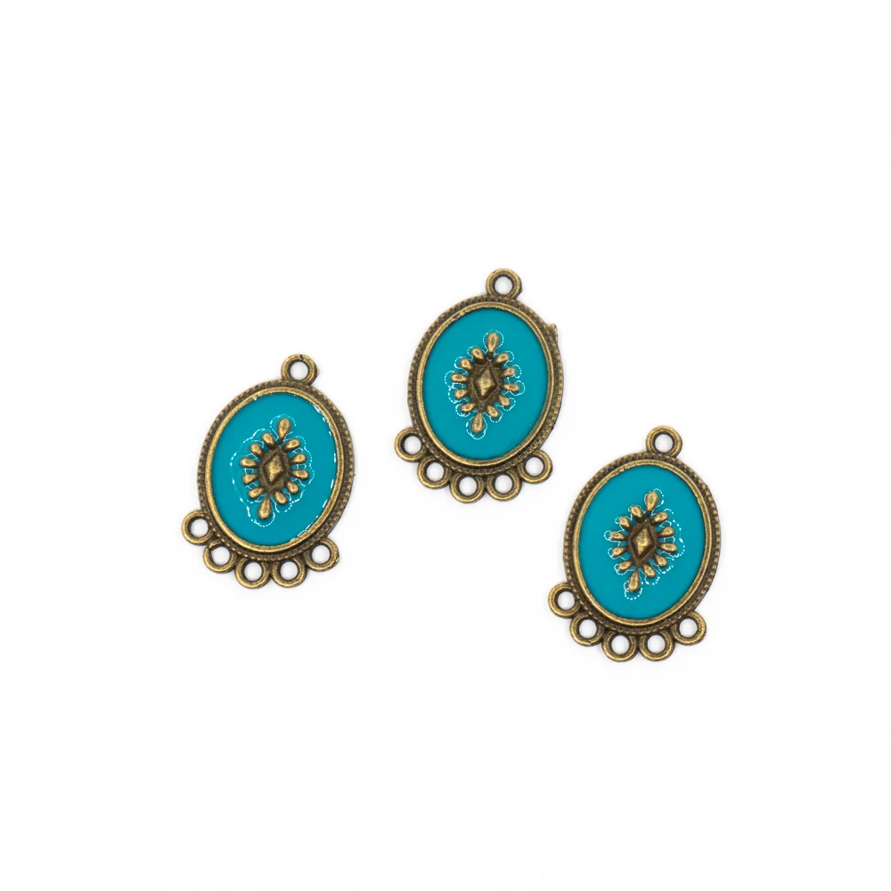 Türkiz, festett összekötő, fülbevalóalap, antik bronz színű, 21x14 mm