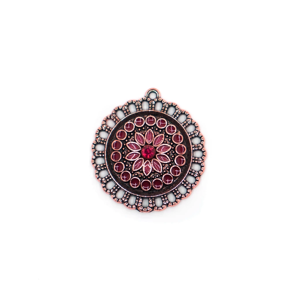 Piros strasszköves, festett összekötő, medál, fülbevalóalap, rózsa arany színű, 24x22 mm