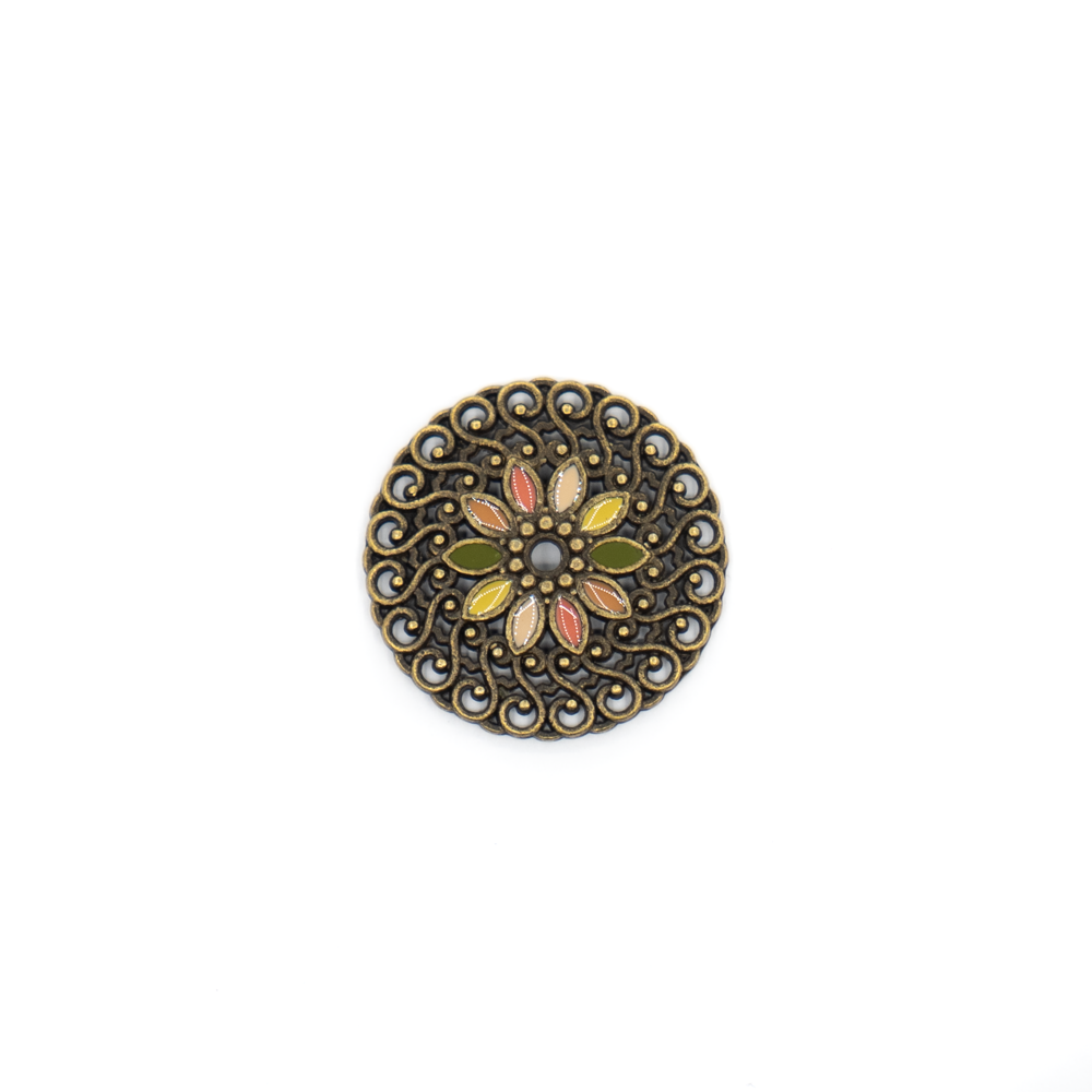 Kerek, festett, színes összekötő, medálalap, medál, antik bronz színű, 25 mm