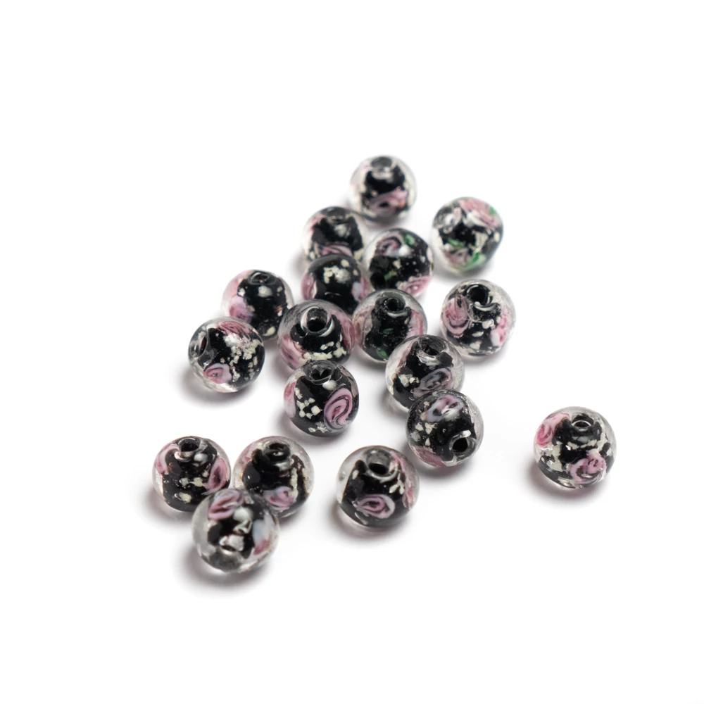 Virágos lámpagyöngy, üveg gyöngy, fekete, 10 mm
