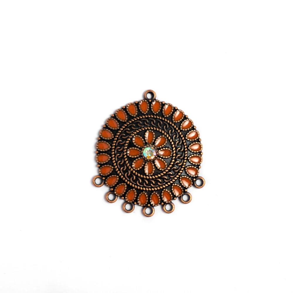 Narancssárga, festett összekötő, fülbevalóalap, vörösréz színű, 32x28 mm