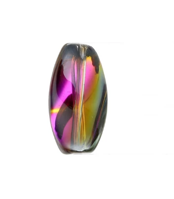 Lila, zöld színjátszó, csavart üveg gyöngy, 17x10 mm