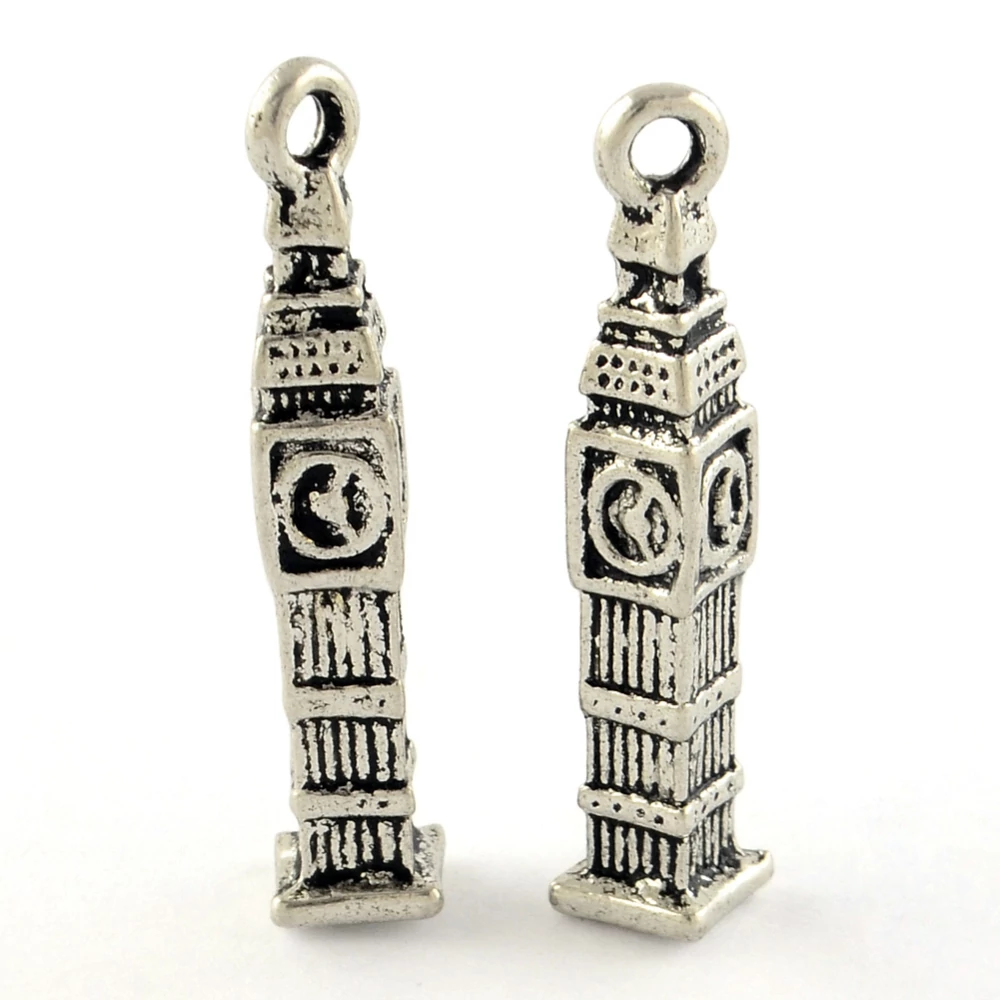 Óra torony, Big Ben fityegő, medál, antik ezüst színű, 26x5x5 mm