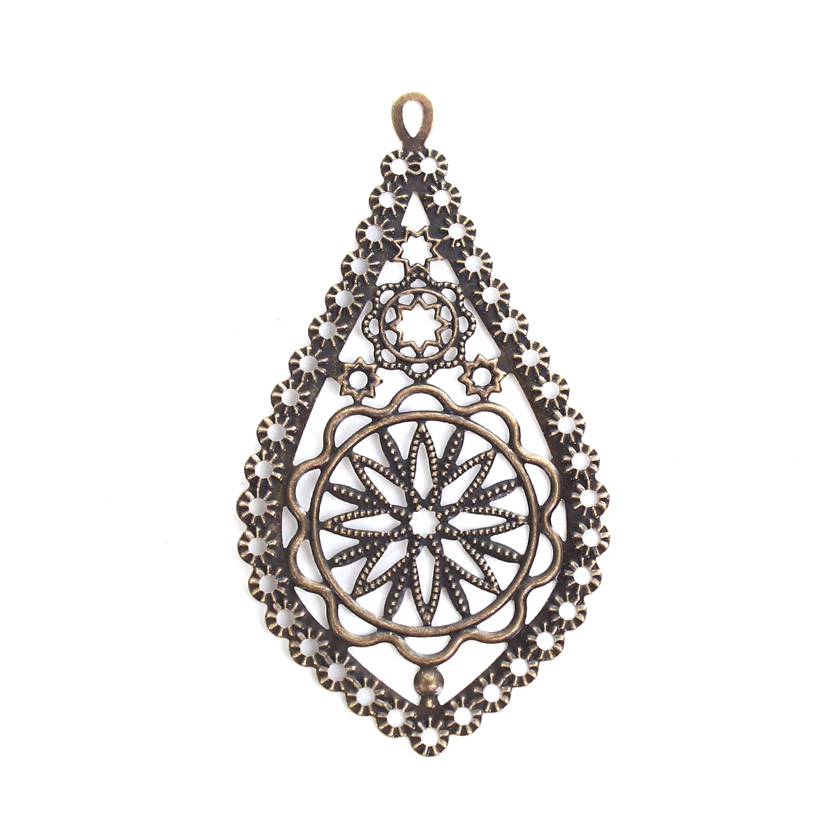 Áttört, vékony, csepp összekötő, medálalap, fülbevalóalap, antik bronz színű, 78x42 mm
