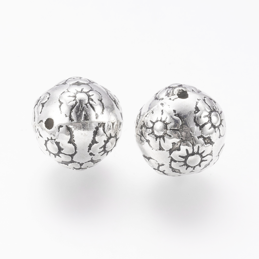 Virágos gömb köztes, antik ezüst színű, műanyag, 15 mm