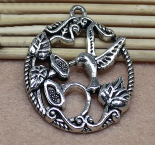 Kolibri, madár, virág fityegő, medál, antik ezüst színű, 32x29 mm