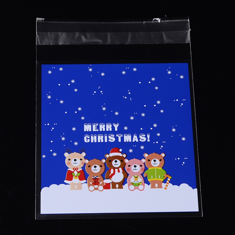 Karácsony, maci mintás, feliratos színes celofán tasak, ajándék, süti, ékszer tasak, 13x10 cm