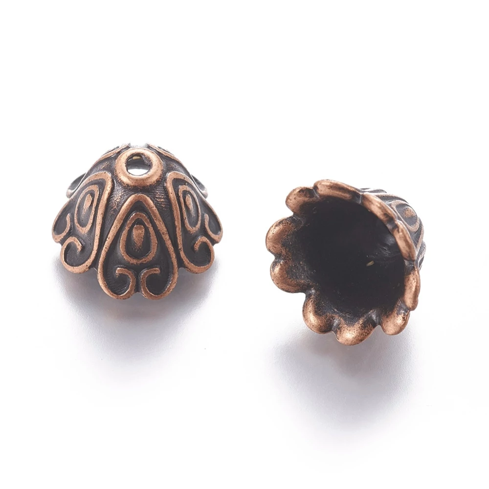 Nagy, szíves  gyöngykupak, bojt vég, végzáró, vörösréz színű, 11x15 mm