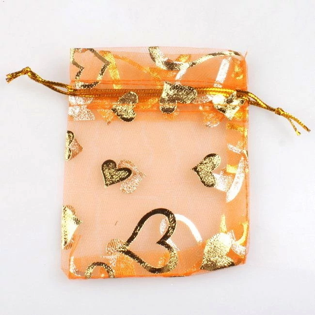 Narancssárga, arany szív mintás organza tasak, zacskó, 9x7 cm