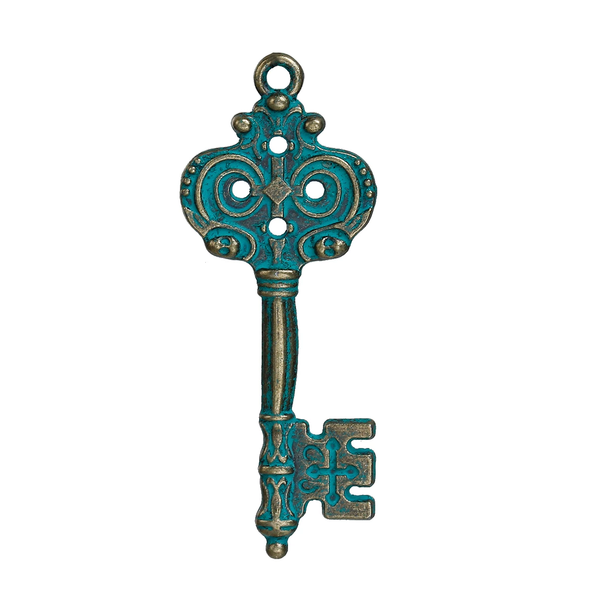 Kulcs fityegő medál, patina antik bronz színű, 50x20 mm