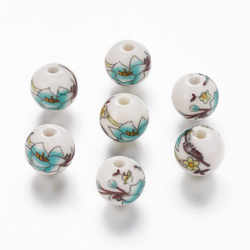 Kék, barna mintás porcelán gyöngy, 12 mm